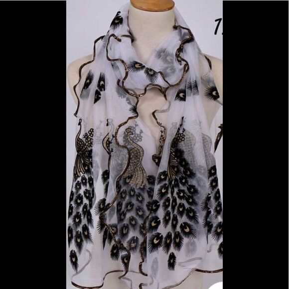 NWT Scarf/Wrap beautiful so much detail peacock floral embroidery chiffo… - Picture 1 of 6